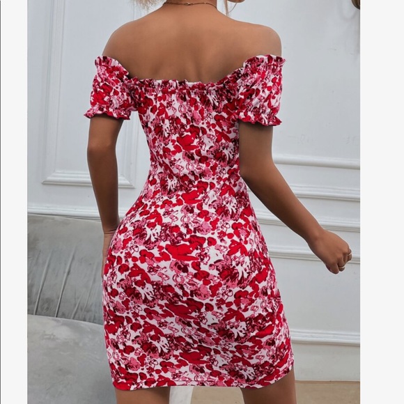 Boho Vibrant Red Floral Print Off Shoulder Bodycon Dress - Picture 5 of 8